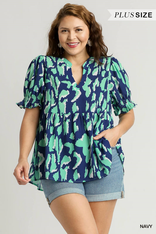 Multi Color Leopard Print V-Notched Neckline, 3/4 Sleeve Cuffed Sleeve
