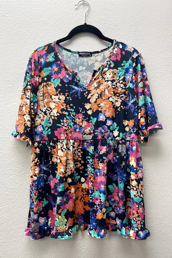 Navy Ruffled Floral Top
