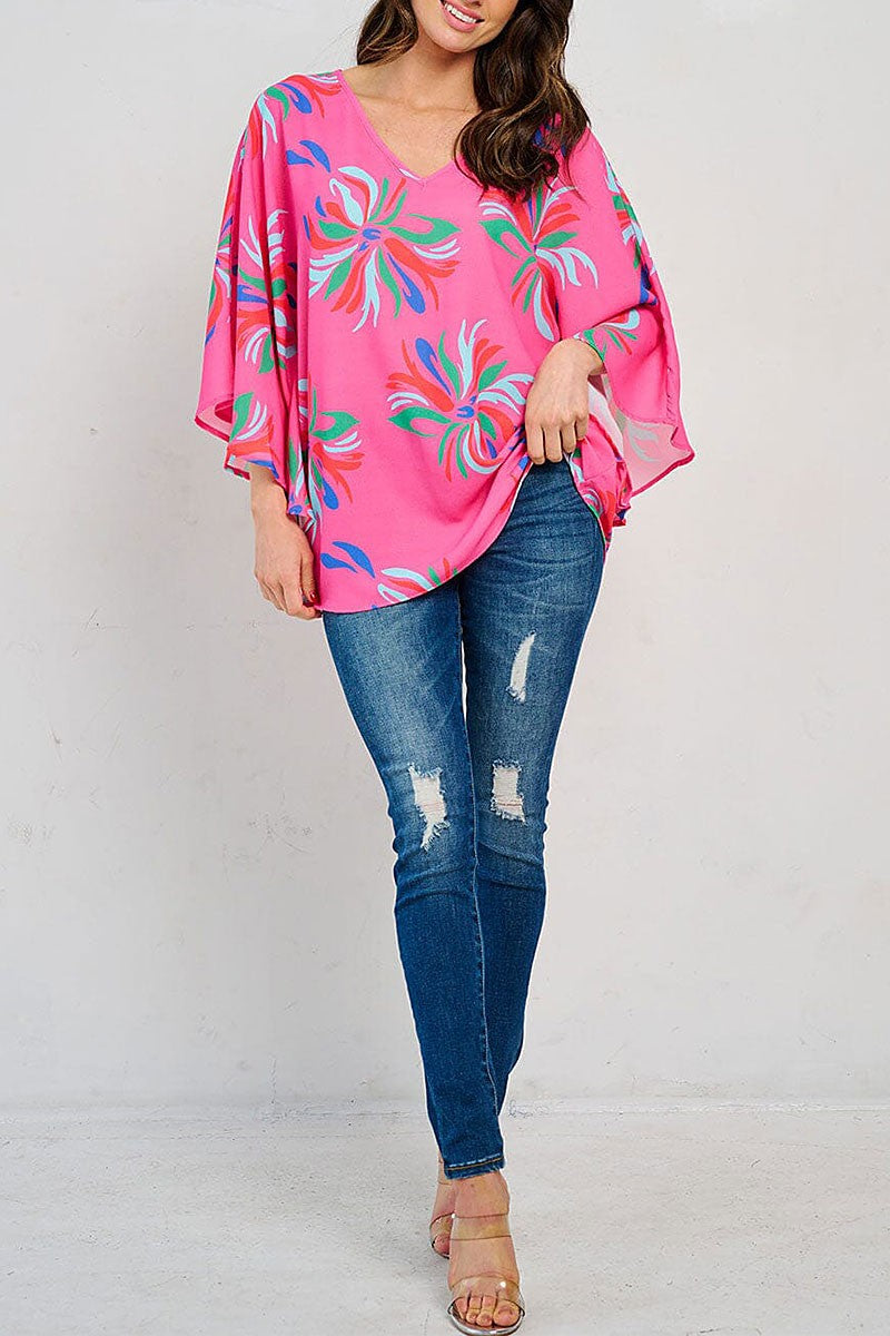 MULTI PRINT V NECK LOOSE FIT TUNIC BLOUSE TOP