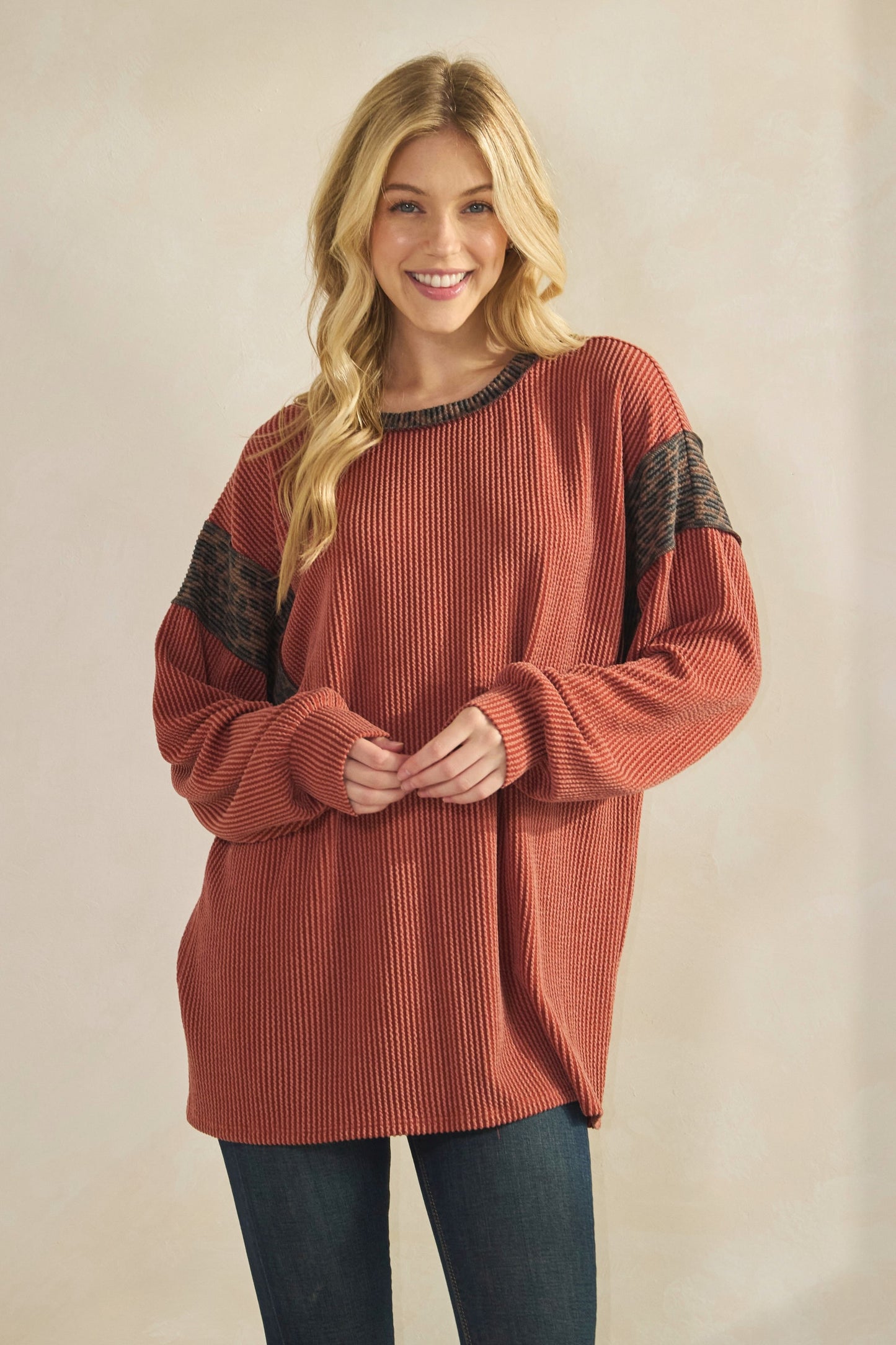 Plus Solid And Animal Urban Rib Contrast Top