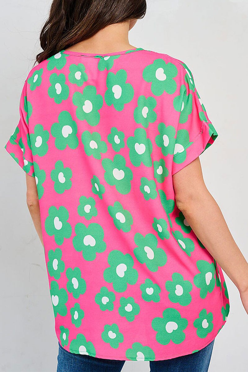 HOT PINK SHORT SLEEVE V-NECK TUNIC FLORAL BLOUSE