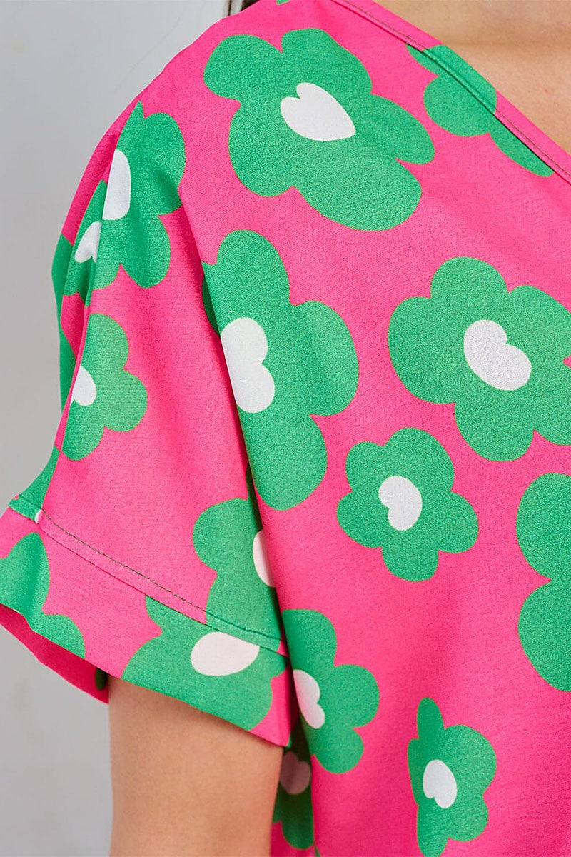 HOT PINK SHORT SLEEVE V-NECK TUNIC FLORAL BLOUSE