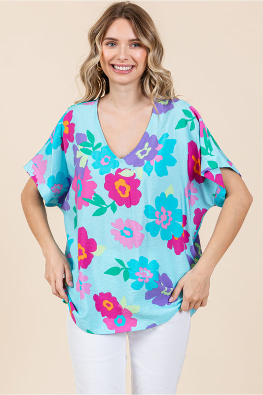 Turquoise Flower Print Top