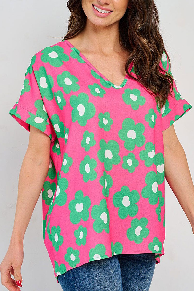 HOT PINK SHORT SLEEVE V-NECK TUNIC FLORAL BLOUSE