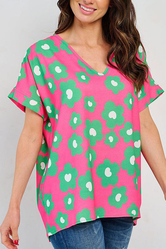 HOT PINK SHORT SLEEVE V-NECK TUNIC FLORAL BLOUSE