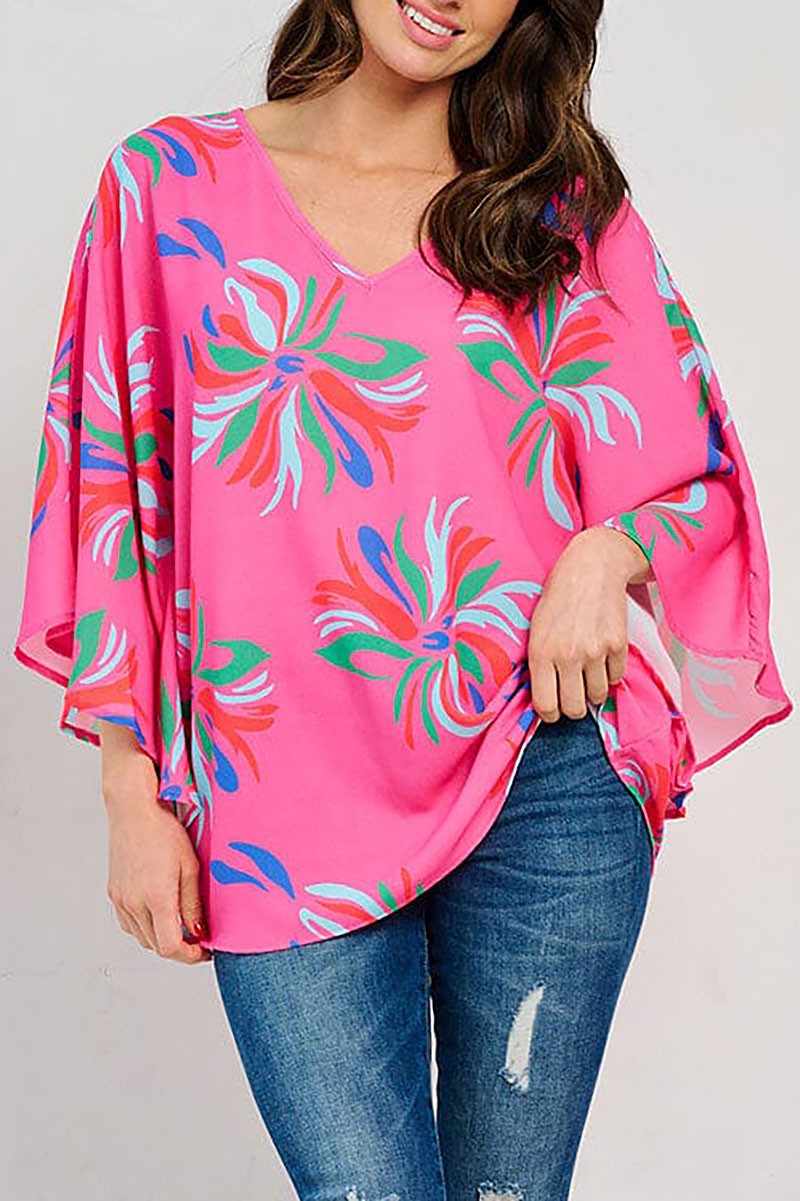 MULTI PRINT V NECK LOOSE FIT TUNIC BLOUSE TOP