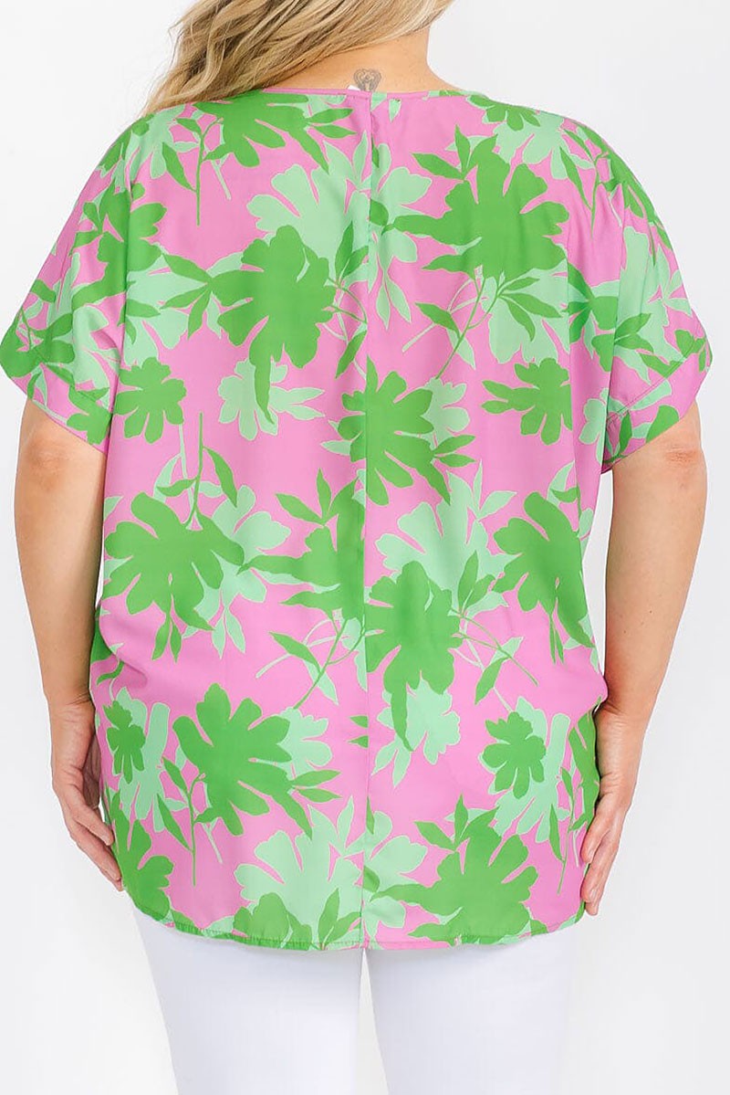 PINK/GREEN SHORT SLEEVE V-NECK FLORAL TUNIC BLOUSE