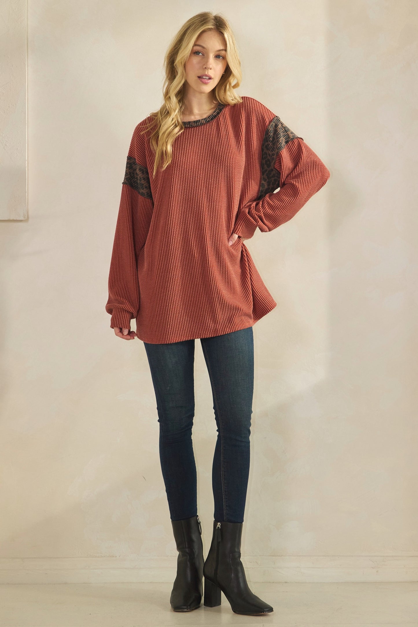 Plus Solid And Animal Urban Rib Contrast Top