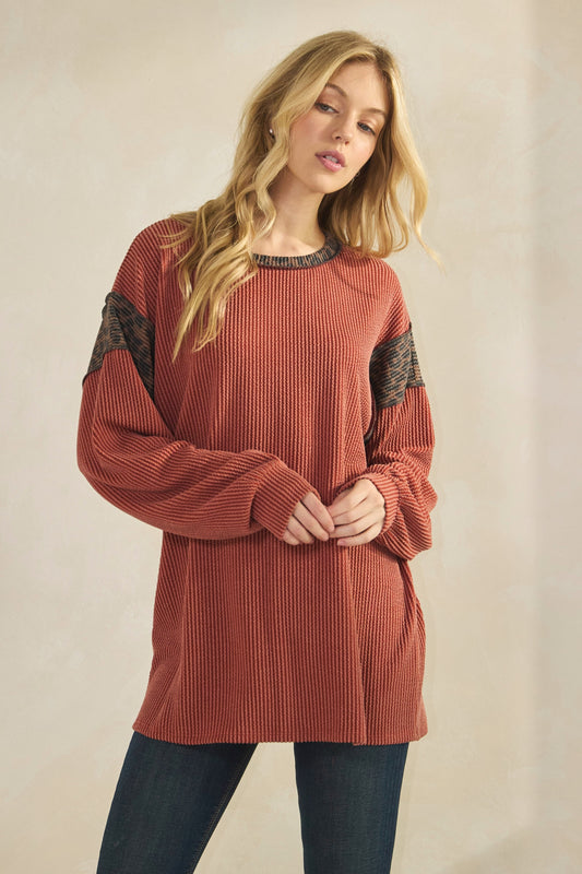 Plus Solid And Animal Urban Rib Contrast Top