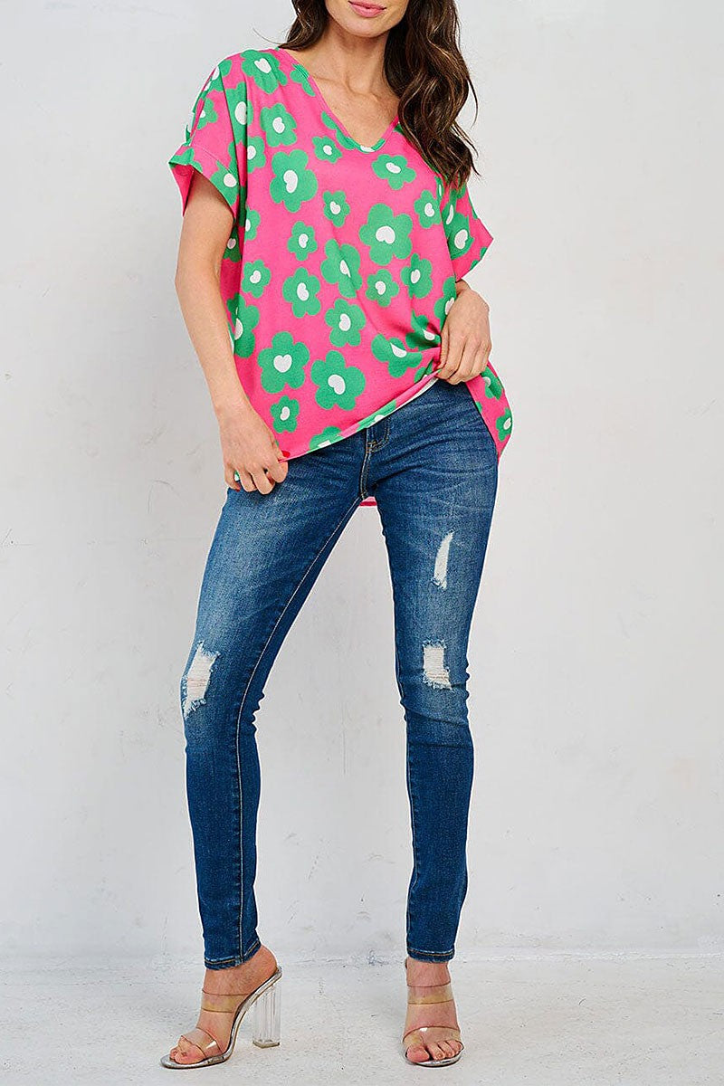HOT PINK SHORT SLEEVE V-NECK TUNIC FLORAL BLOUSE
