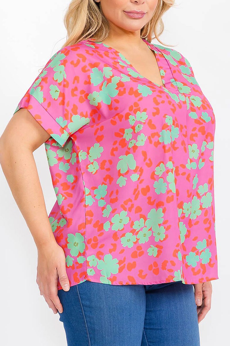 PINK SHORT SLEEVE V-NECK FLORAL TUNIC BLOUSE