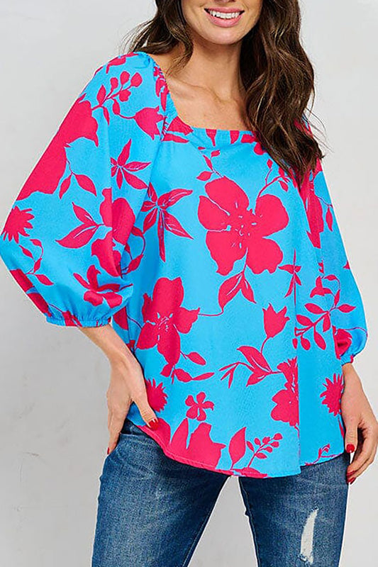 FLORAL PRINT SUQARE NECK LOOSE FIT TUNIC TOP