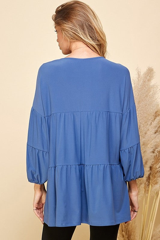 DENIM SOLID TIERED CUFFED LOOSE FITTING TOP