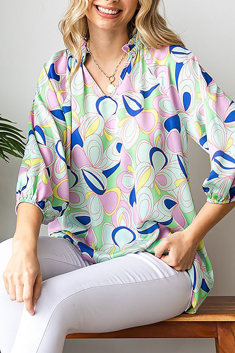 MINT PATTERN PRINT RUFFLE SLEEVE BLOUSE