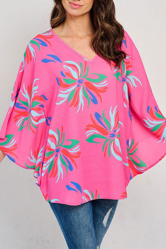 MULTI PRINT V NECK LOOSE FIT TUNIC BLOUSE TOP