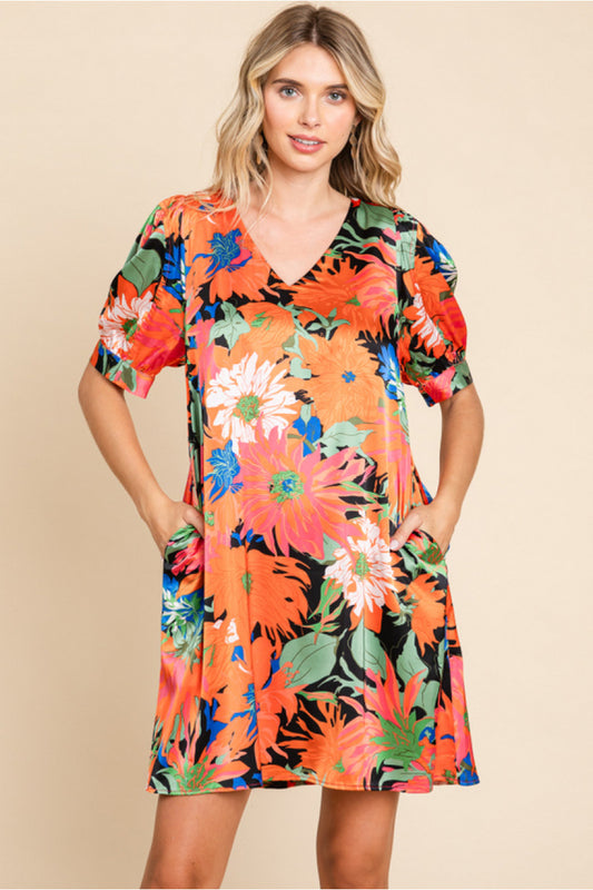 Satin Orange Mix Floral Dress
