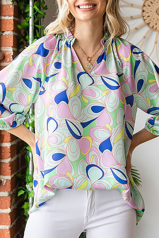 MINT PATTERN PRINT RUFFLE SLEEVE BLOUSE