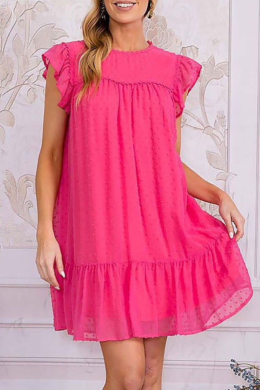 RUFFLE SLEEVE TIERED SWISS DETAILED TUNIC DRESS