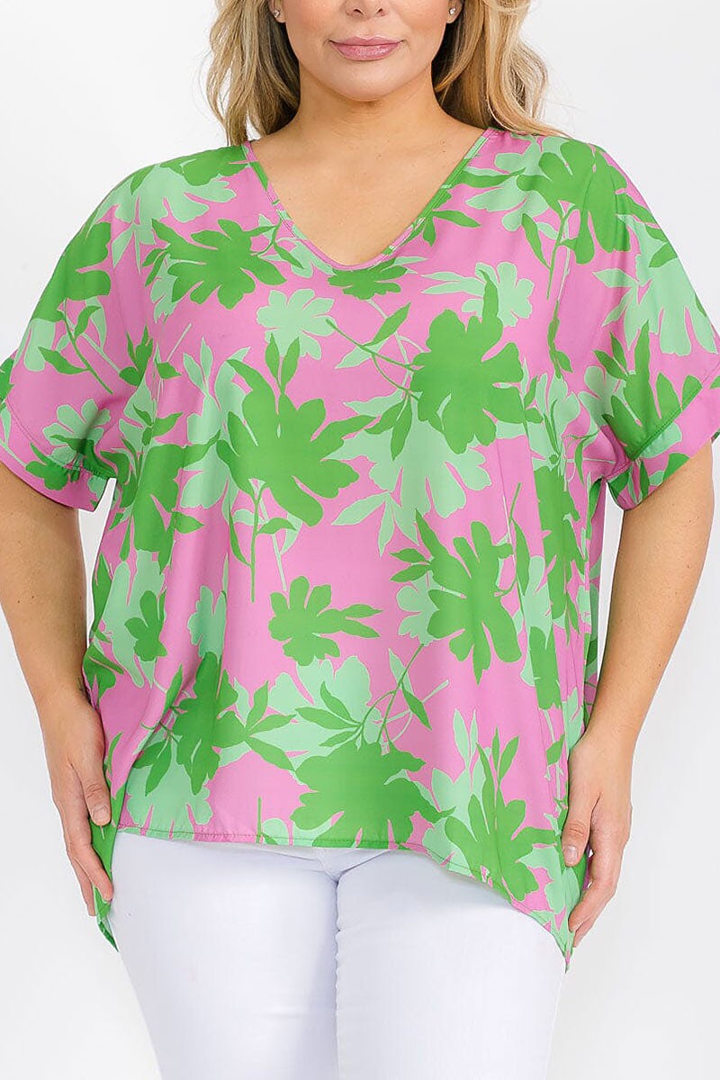 PINK/GREEN SHORT SLEEVE V-NECK FLORAL TUNIC BLOUSE