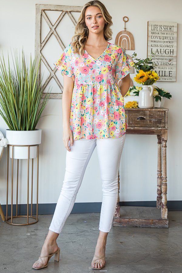 V Neck Floral Print Top