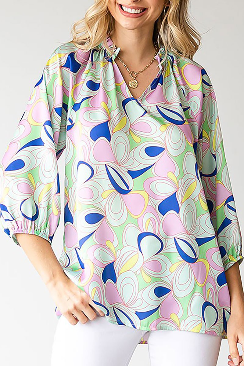 MINT PATTERN PRINT RUFFLE SLEEVE BLOUSE