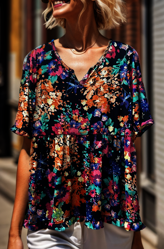 Navy Ruffled Floral Top