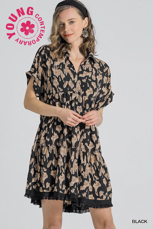 Black Animal Print Collared Split Neck Tiered Dress with Frayed Hem