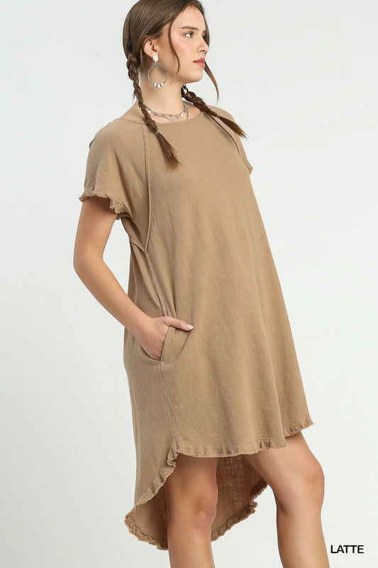 Round Neck Pocket Dress with Fringe Short Sleeves