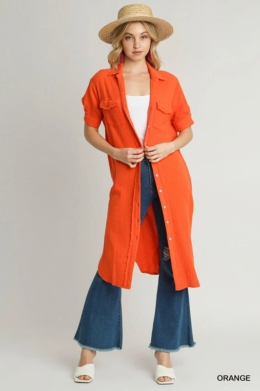 Orange Button Up Cotton Gauze Midi Dress with Pocket Details