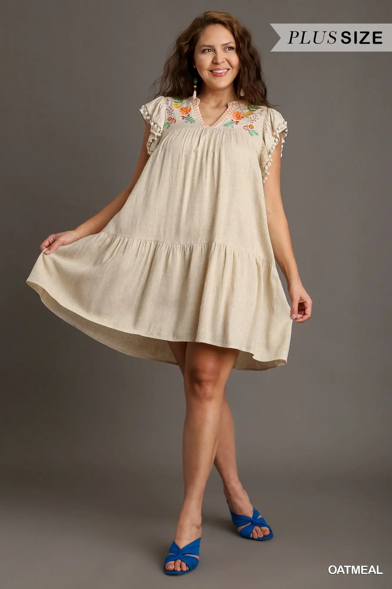 Oatmeal Linen A-Line Split Neck Embroidery Short Dress