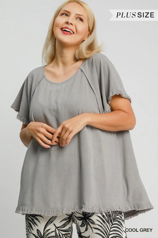 Cool Grey Linen Frayed Edge Top
