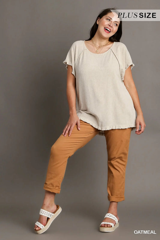 Oatmeal Linen Frayed Edge Top