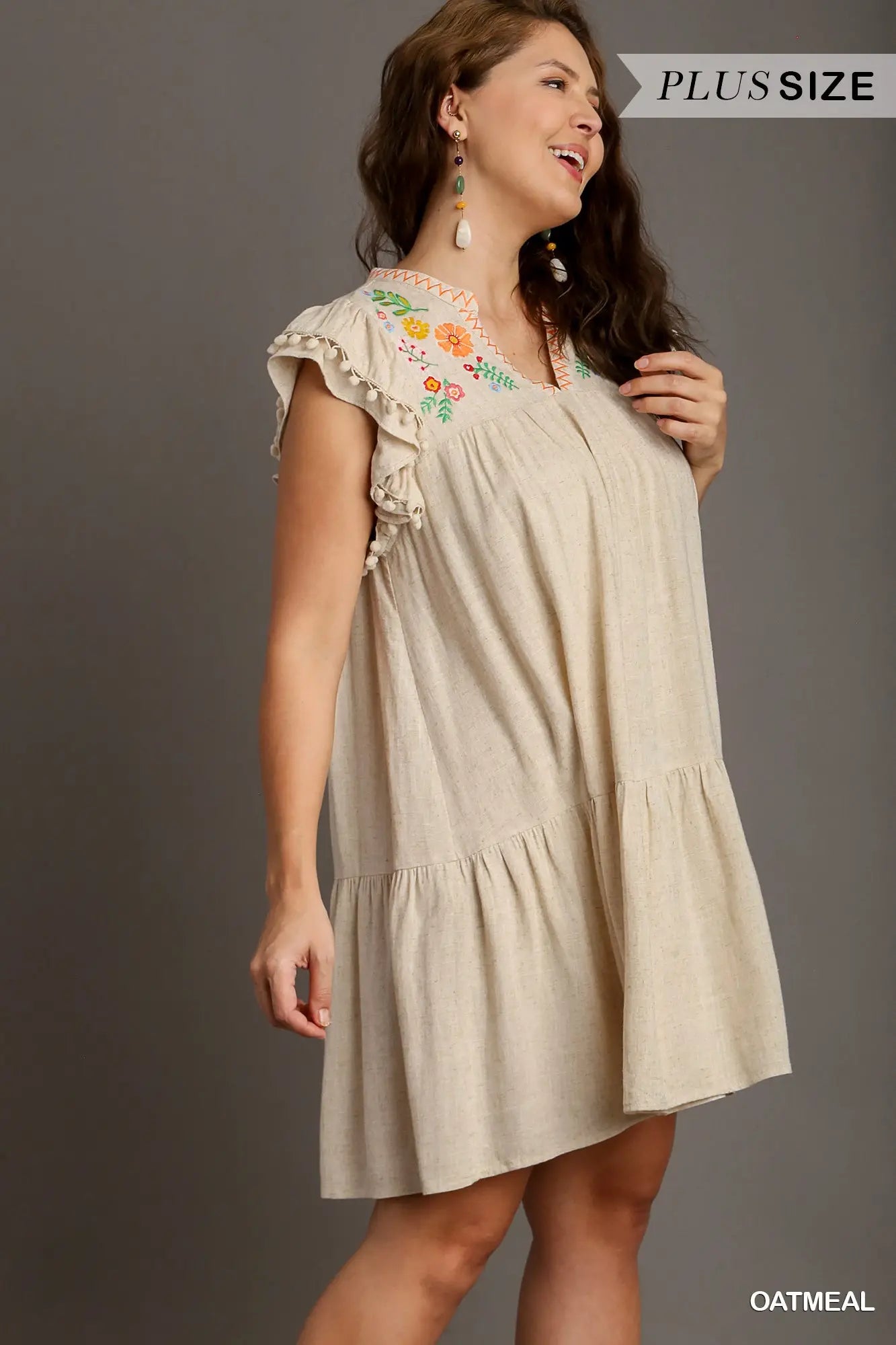 Oatmeal Linen A-Line Split Neck Embroidery Short Dress