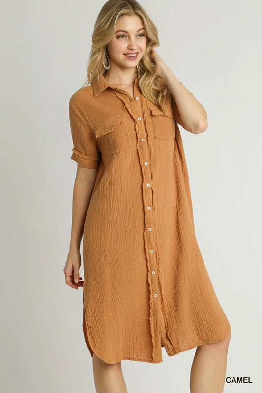 Button Up Cotton Gauze Midi Dress with Pocket Details