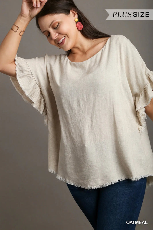 Linen Blend Short Ruffle Sleeve Round Neck Top with Frayed Scoop Hem