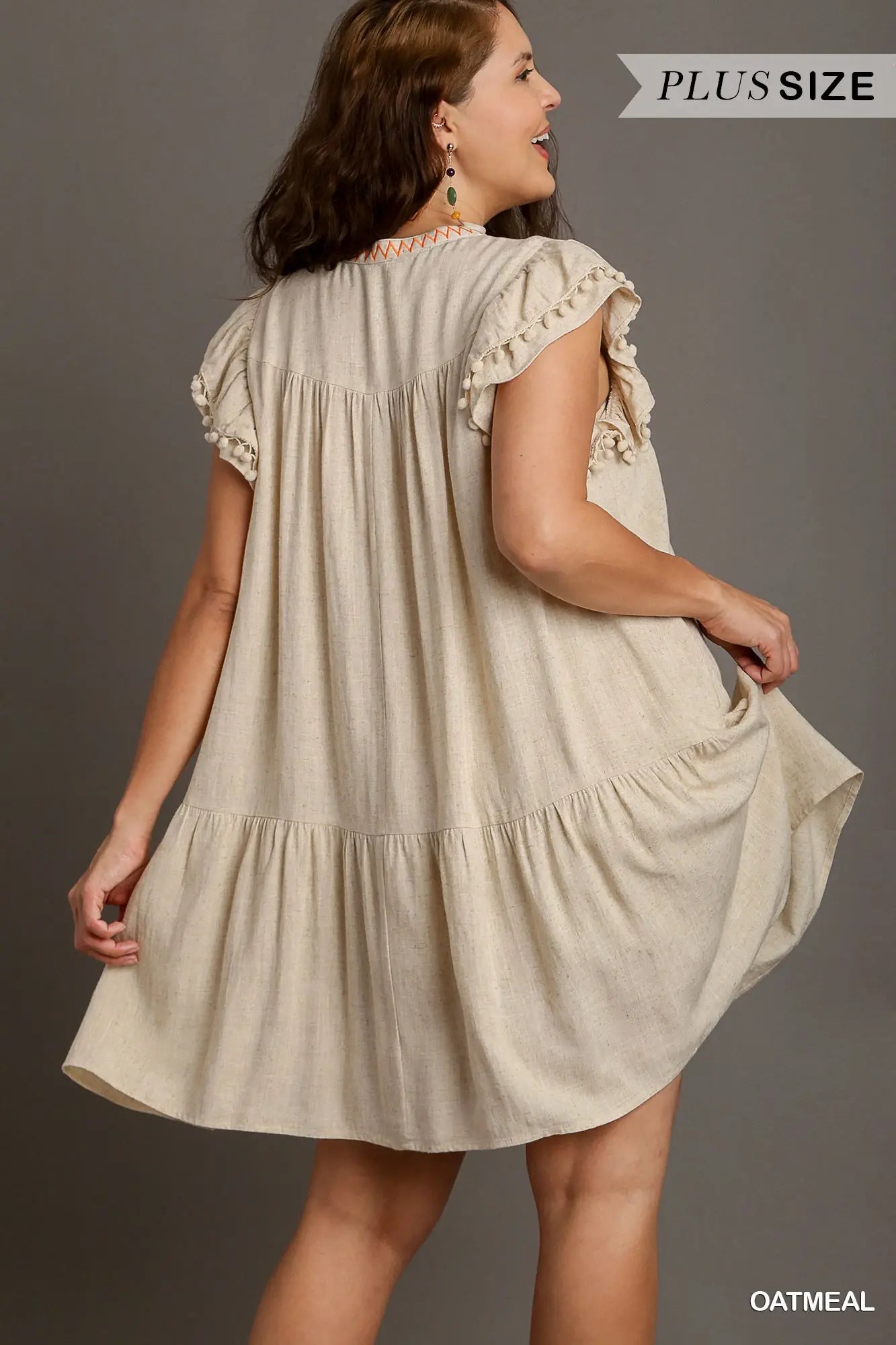 Oatmeal Linen A-Line Split Neck Embroidery Short Dress