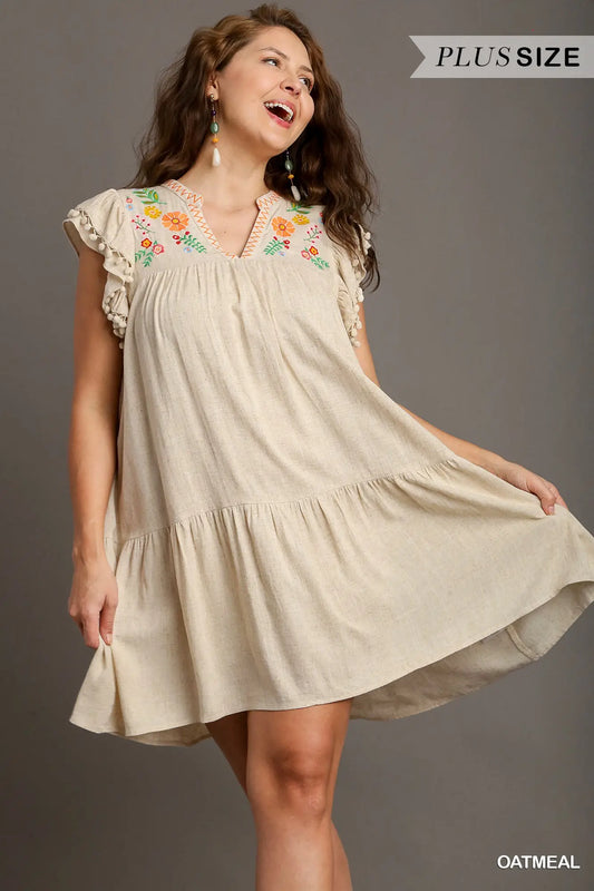 Oatmeal Linen A-Line Split Neck Embroidery Short Dress