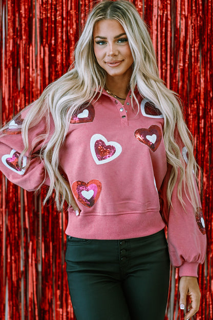 Pink Mineral Wash Sequin Heart Snap Buttons Collared Sweatshirt