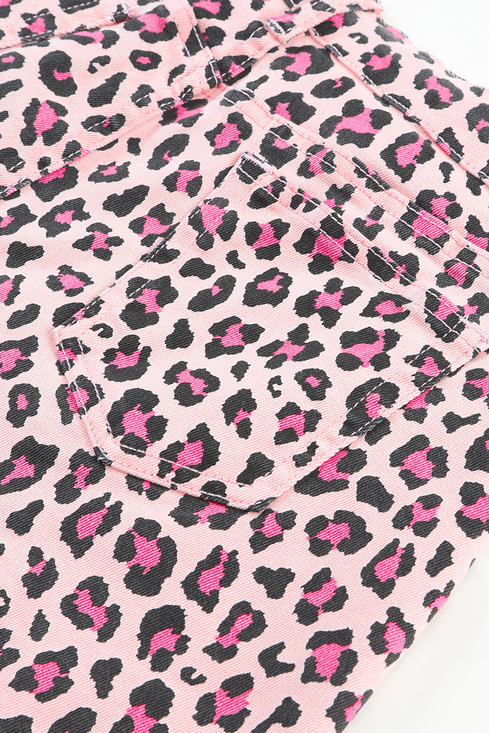 Pink Leopard Print Raw Hem Denim Shorts