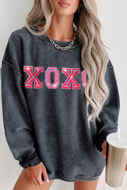 Gray Valentine Sequin XOXO Corded Crew Neck Sweatshirt