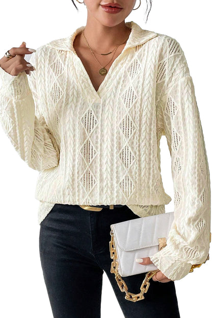 White Cable Rhombus Texture Collared Split Neck Top