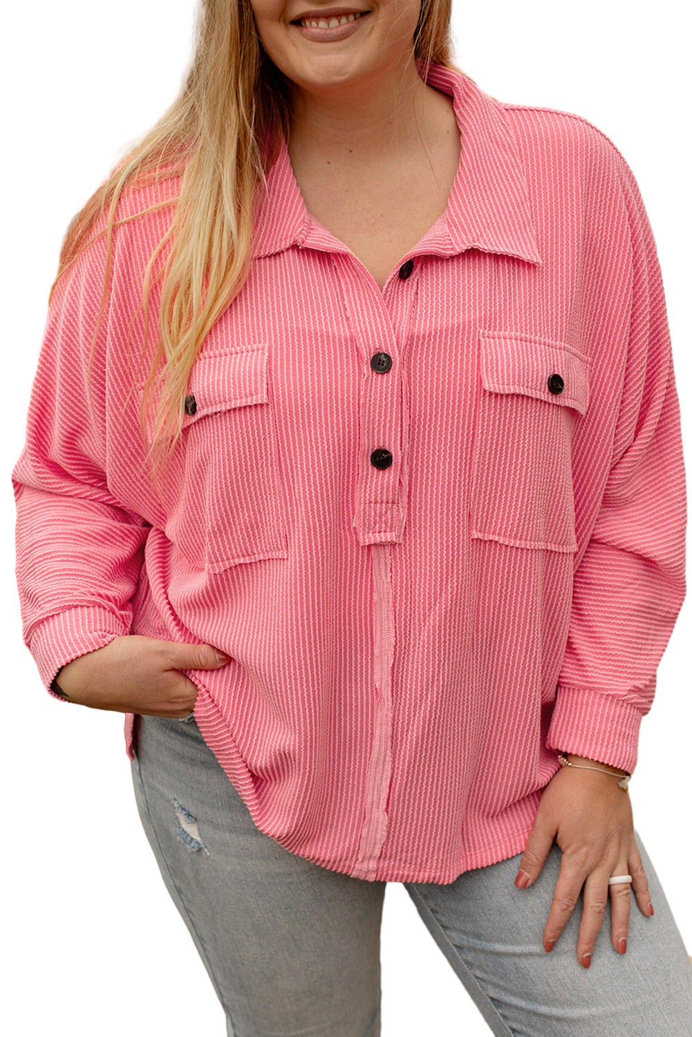 Pink Plus Size Ribbed Pocketed Long Sleeve Henley Top