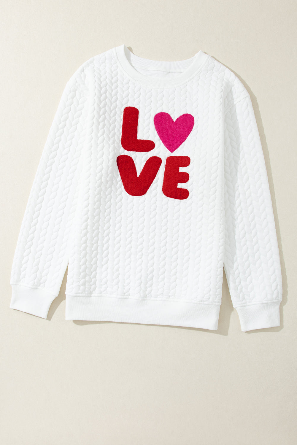 White LOVE Chenille Embroidered Cable Knit Pullover Sweatshirt