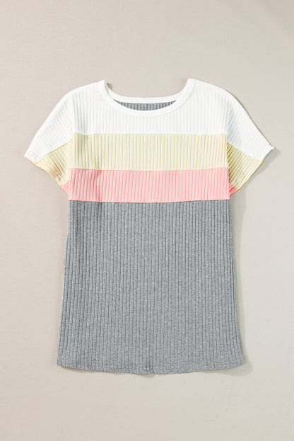 Gray Ribbed Color Block Patchwork T-shirt