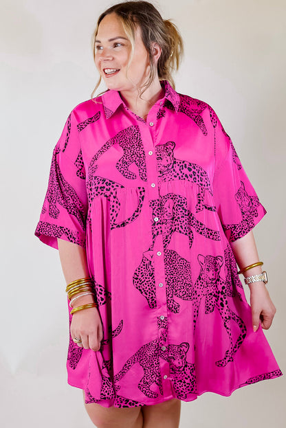 Rose Cheetah Print Half Sleeve Buttoned Plus Size Mini Dress