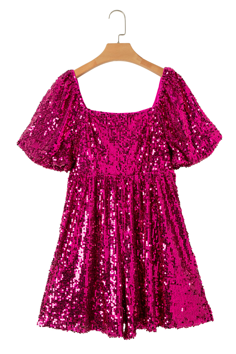 Rose Red Short Puff Sleeve Sequin Babydoll Romper