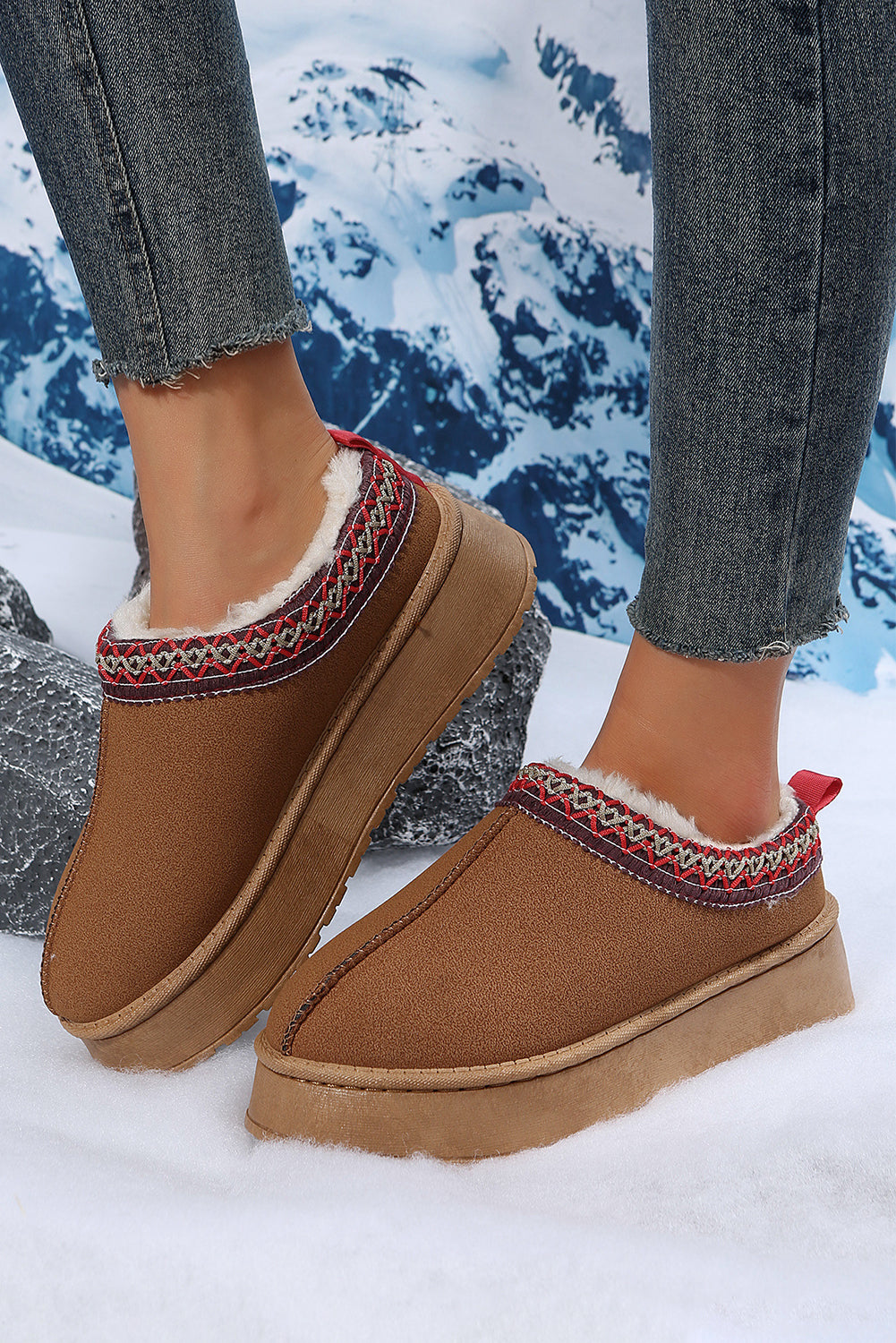 Chestnut Suede Contrast Print Plush Lined Snow Boots