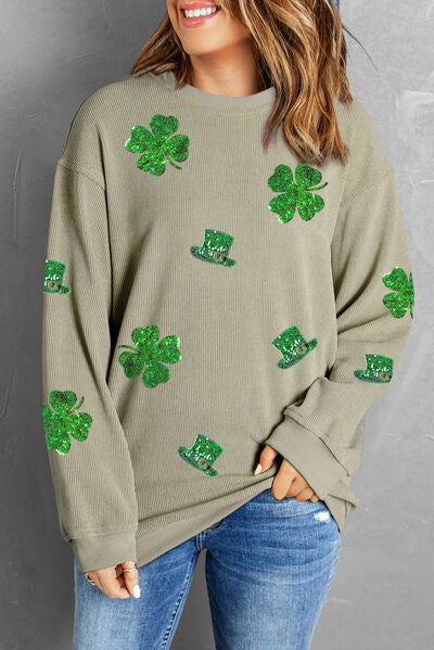 Lucky Clover Sequin Round Neck Sweatshirt